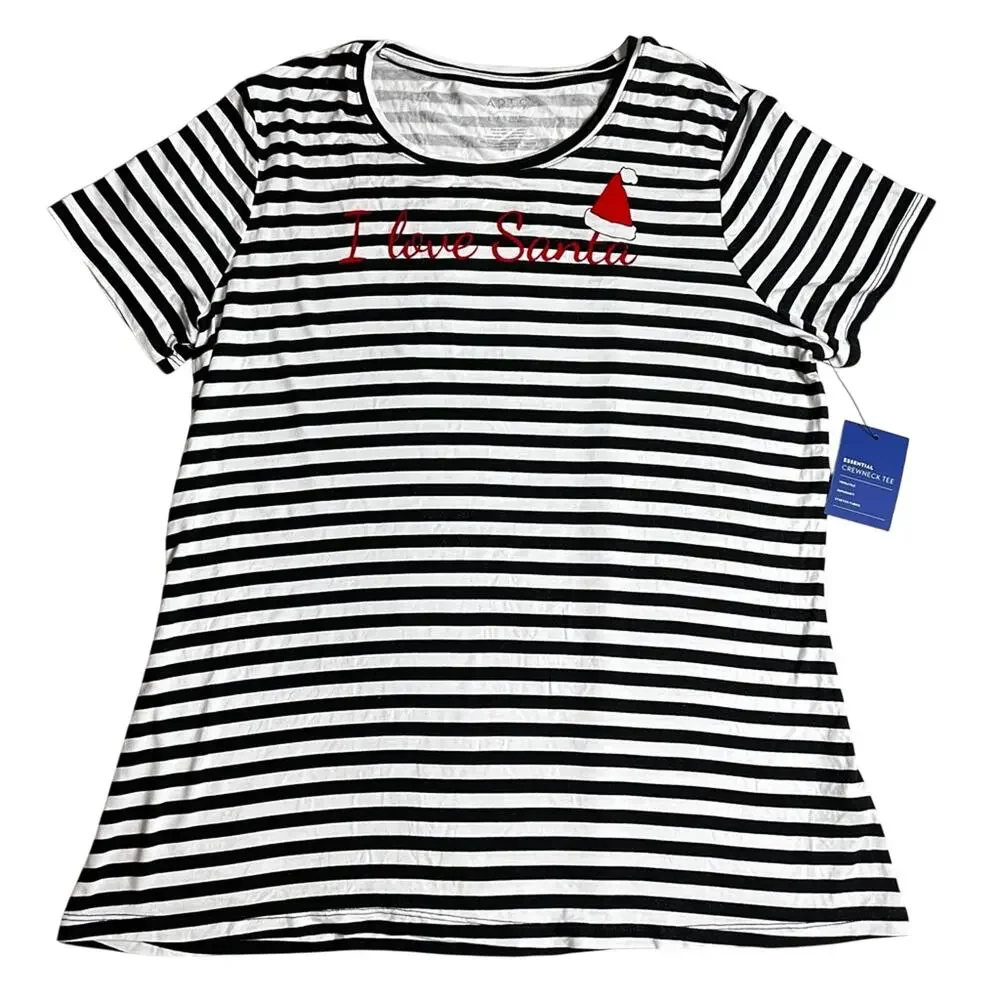 Apt. 9 Womens Striped Holiday Short Sleeve Graphic Tee Sz  L